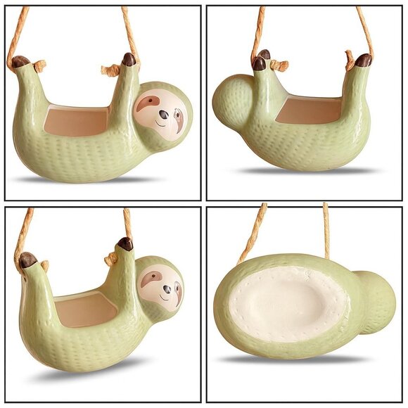 Ceramic Hanging Sloth Planter Pot Jute Rope Sage Green Animal Succulent Holder - Picture 2 of 8